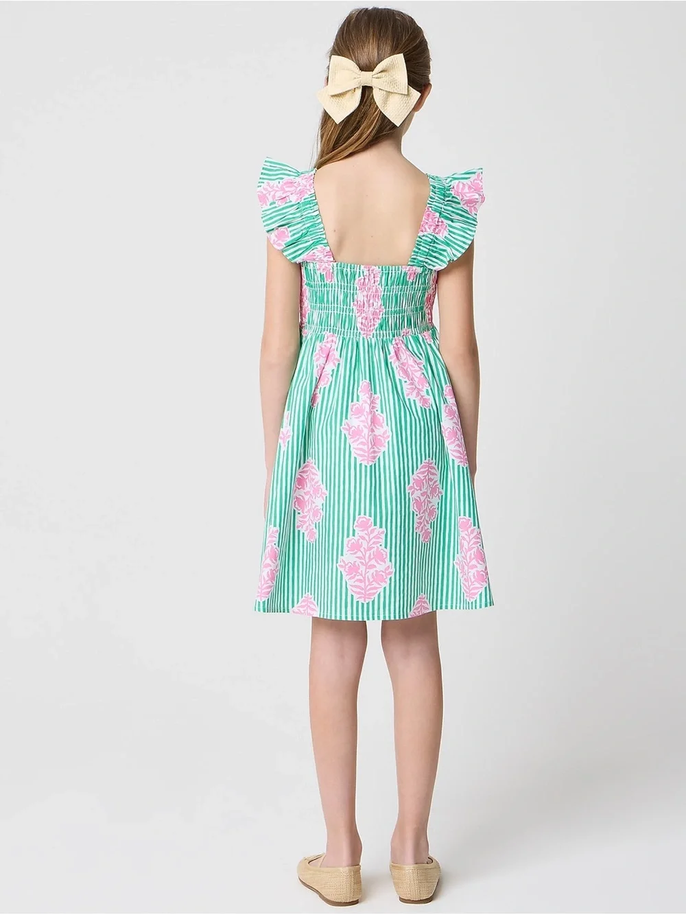 J.Crew Crewcuts Girls 16 Green Pink Striped Smocked Dress CU091 NWT